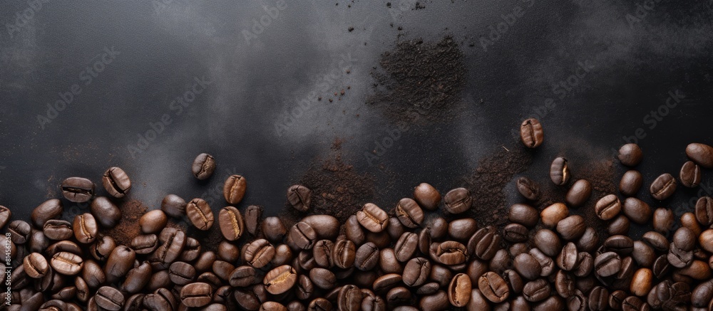 Poster a gray background showcases roasted coffee beans and ground coffee with copy space the image is take