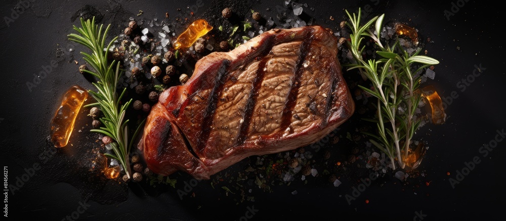 Poster A top view of a grilled ribeye beef steak seasoned with aromatic herbs and spices leaving space for your text. with copy space image. Place for adding text or design