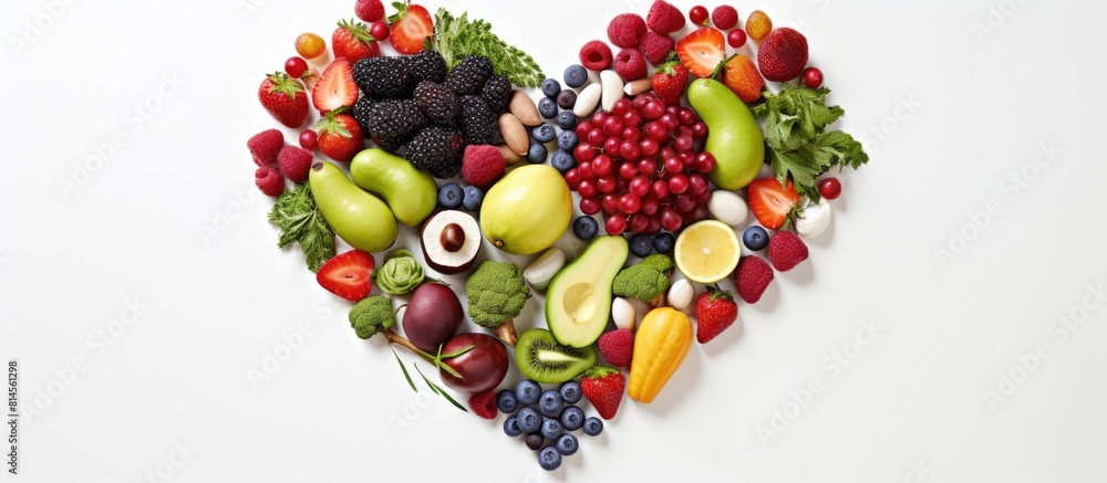 Leinwandbilder High resolution product photograph of a heart shaped food composition made from various fruits and vegetables set against a white background with empty space for text. with copy space image