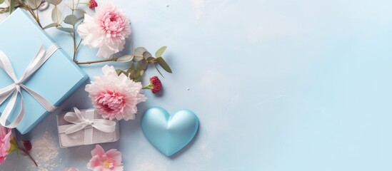 Valentine s Day concept portrayed with pastel blue gifts flowers and heart shaped box The image features a top view of a flat sunbed with ample copy space
