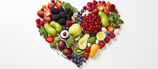 High resolution product photograph of a heart shaped food composition made from various fruits and vegetables set against a white background with empty space for text. with copy space image