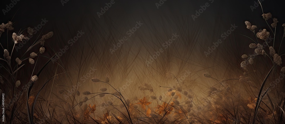 Poster A dark autumn background featuring leaves and brown flax with empty space for text or images. with copy space image. Place for adding text or design