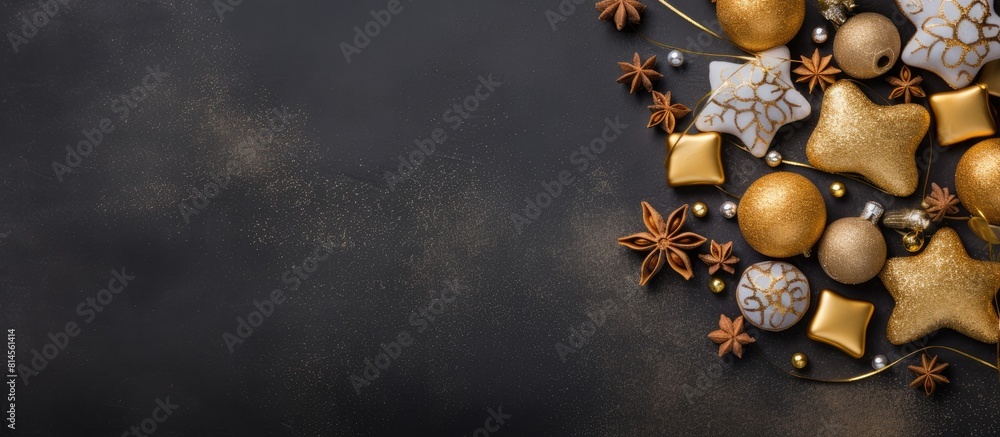 Poster top view of a christmas greeting card adorned with gingerbread hearts gold stars and balls providing