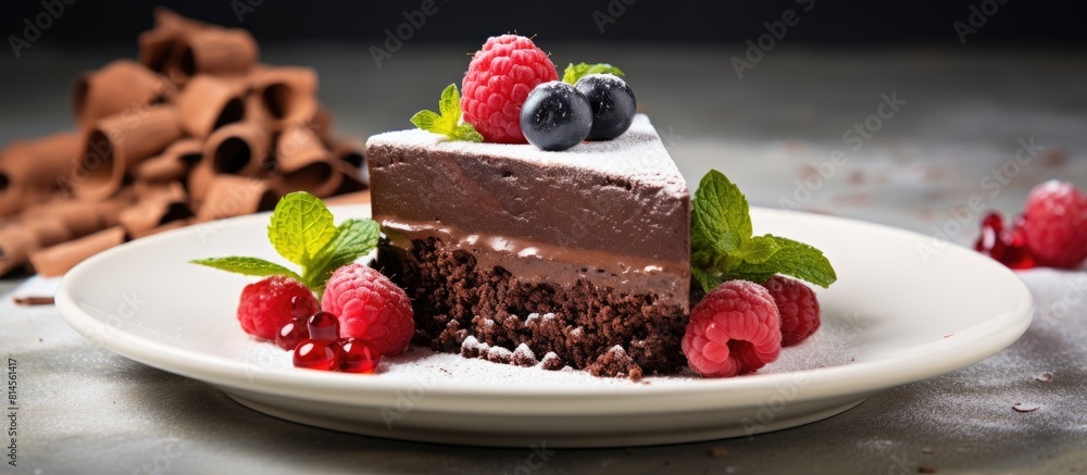 Poster A vegan chocolate cake is displayed on a white dish with a light background creating a positive portrayal of healthy vegan food The image provides ample space for a captivating and visually appealing
