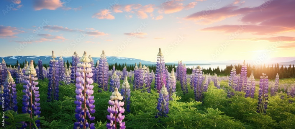 Aufkleber On a green hill there is a picturesque scene of lupines in full bloom creating a beautiful display of colors The image allows for an empty space. with copy space image