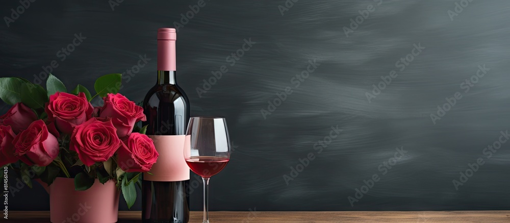 Poster a copy space image of red wine and pink roses arranged on a countertop