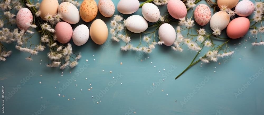 Poster top view of a colorful composition for happy easter featuring beautifully decorated easter eggs on a