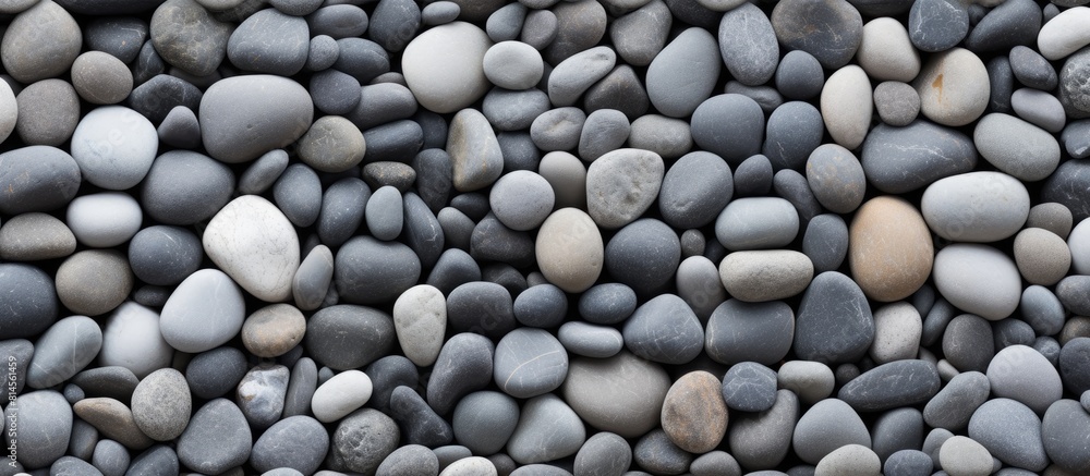 Poster Smooth small pebbles give the stone grey masonry a textured appearance in this copy space image