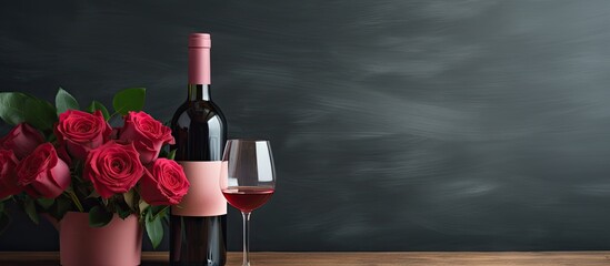 A copy space image of red wine and pink roses arranged on a countertop