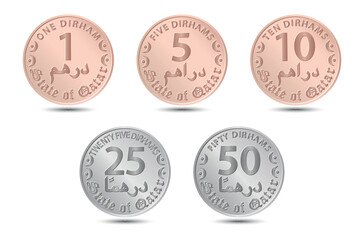 Set of coins, dirhams of Qatar. Coins side isolated on white background. Vector.