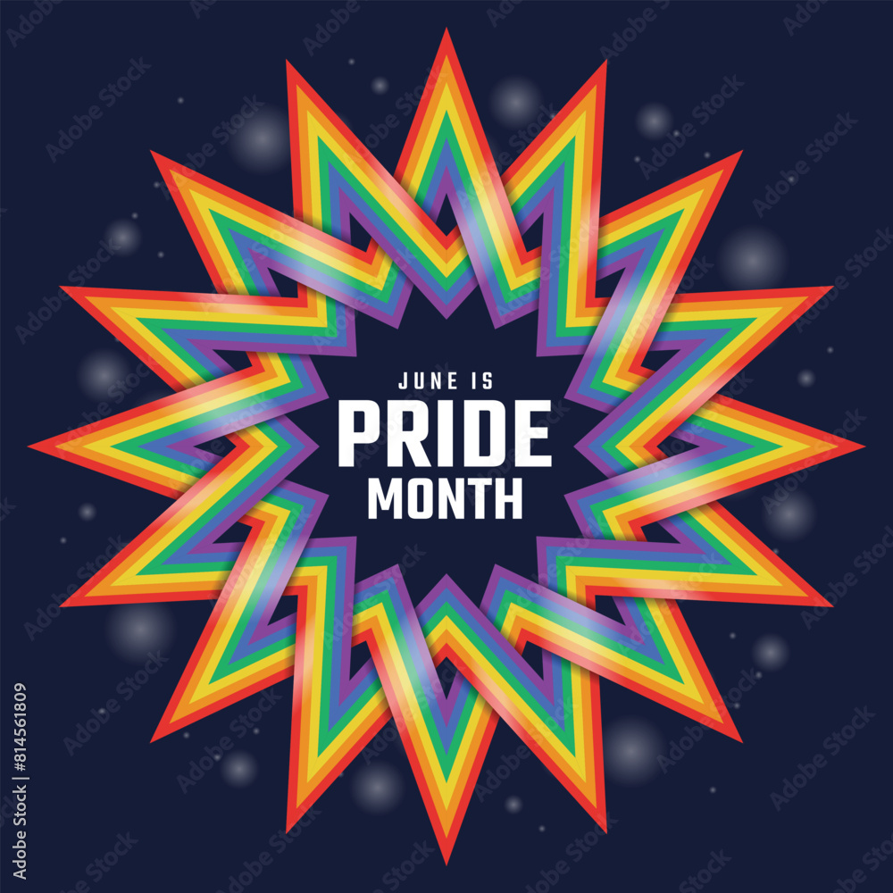Poster june is pride month - text in rainbow pride eight pointed star crossed to circle frame shape on dark