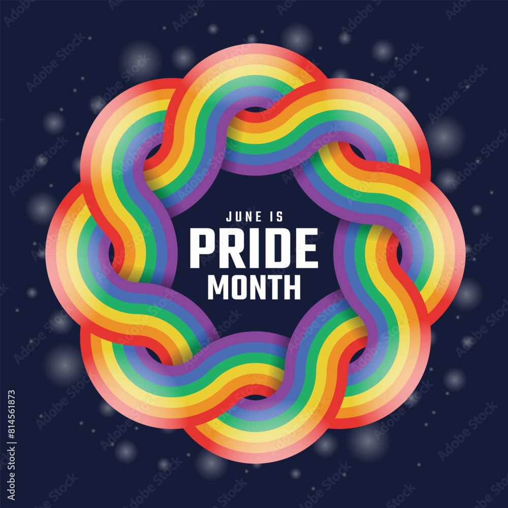 Poster june is pride month - text in two long rainbow pride flag with waving rolling cross to circle frame 
