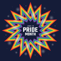 June is pride month - Text in Rainbow pride eight pointed star crossed to circle frame shape on dark blue light background vector design