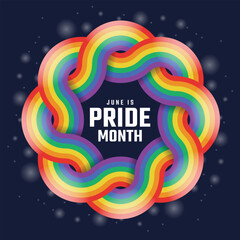 June is pride month - Text in Two long Rainbow pride flag with waving rolling cross to circle frame shape on dark blue light background vector design