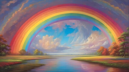 Obraz premium As the rain clears, a magnificent rainbow appears in the sky, its arch reaching from one end to the other in a breathtaking display of color.