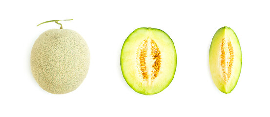 Cantaloupe melon and Cantaloupe melon cut in half isolated on white background, Green melon