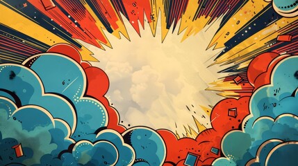 Design a superhero birthday invitation with a bold comic book explosion backdrop, highlighting space for party details in a vibrant speech bubble