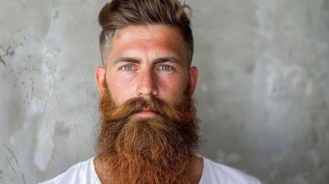 A close-up portrait of a handsome young man featuring a long beard and a top knot hairstyle