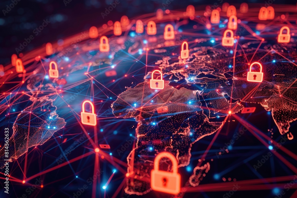 Poster world map covered in padlocks, symbolizing security and protection. ideal for concepts of global sec