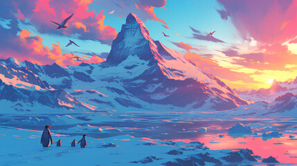 2D snowy mountain view illustration