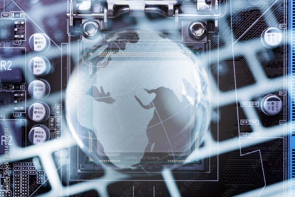 Poster concept of technology globe on data circuit board
