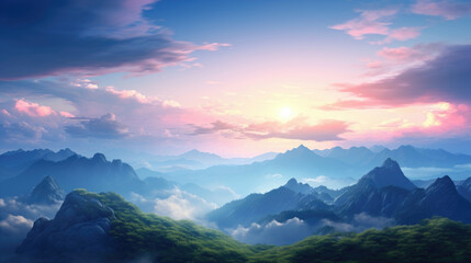 Breathtaking view of vibrant sunrise or sunset over rugged mountain peaks with clouds