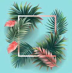 Square Frame With Palm Leaves on Blue Background