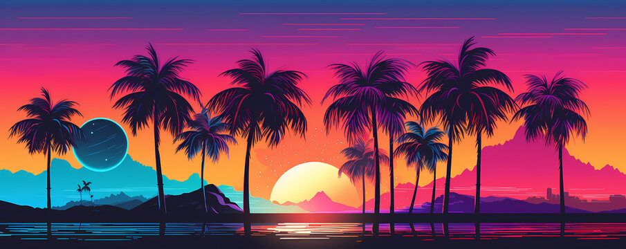 Tropical beach with palm trees  silhouette at sunset background. Vivid retrowave synthwave vaporwave wallpaper for party poster. Summer landscape. Vacation travel concept. Electronic retro music cover