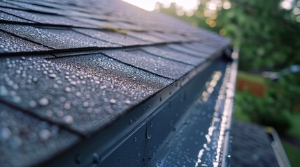 Close up of water droplets on a roof. Perfect for illustrating weather or home maintenance concepts