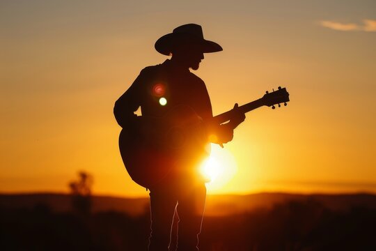 Silhouetted musician playing guitar at sunset in a Western hat - Powered by Adobe