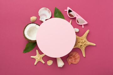 Summer banner with coconut and sea shells on color background. Vacation concept