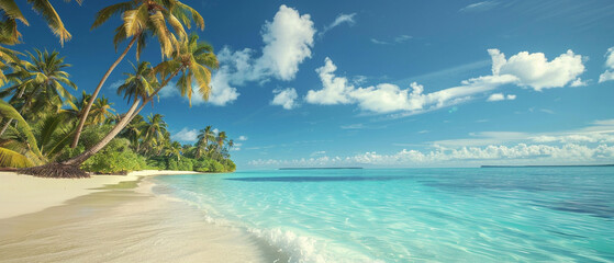 Lush palm trees sway in the breeze by crystal-clear turquoise waters of a tropical paradise.