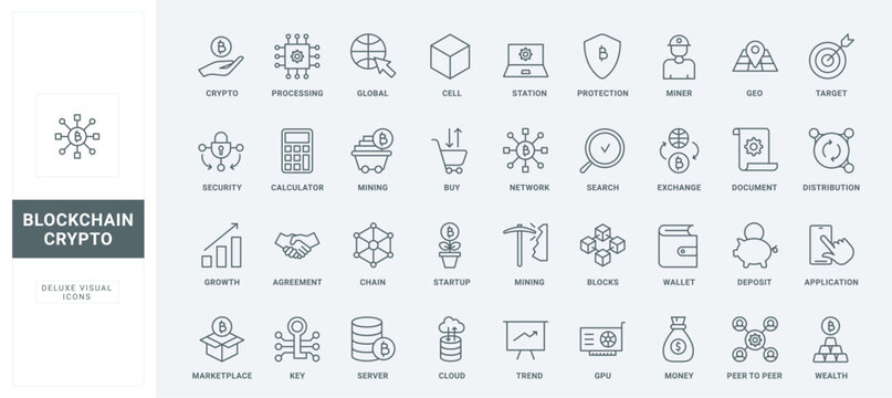 Outline financial structure of bitcoin and cryptocurrency investment, fintech transaction and payment, crypto trade and exchange. Blockchain thin black and red line icons set vector illustration