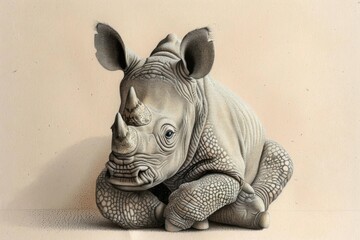 A detailed drawing of a rhino sitting on the ground. Suitable for educational materials or wildlife conservation campaigns