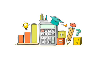 Finance business idea concept with calculator and light bulb. Vector hand drawn illustration of economy knowledge, financial analytics with doodle  pencil, graph, calculator and lamp