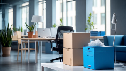 Déménagement dans des bureaux, locaux professionnels. Cartons, boîte de rangement. Business, travail, intérieur. Pour conception et création graphique.