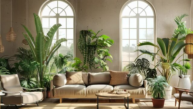 Plant lover's home decoration. Modern bright style interior living room with minimalist sofa and tropical plants. Natural light. Modern living room. Living room with full of plants. Environment Day