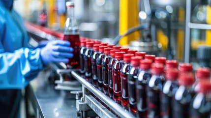 Close-up of a dedicated quality control specialist monitoring the robotic line for bottling and packaging carbonated black juice soft drink with precision. 