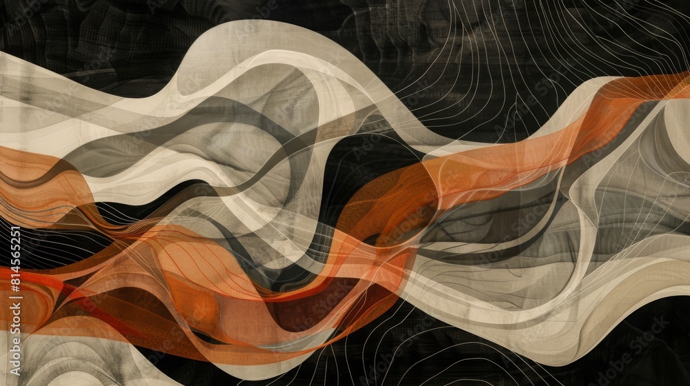 Poster a contemporary artwork consisting of wavy lines in various colors set against a stark black backgrou