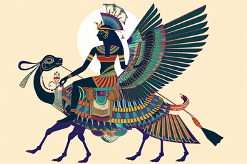 Egyptian queen riding a holy scarab vector simple illustration