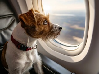 Cute dog Jack Russell terrier looks out the window while sitting on an airplane. 