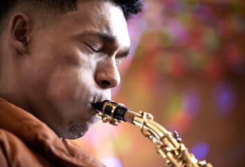 Man, musician and play saxophone by house from skill, talent and practice with band as jazz music...