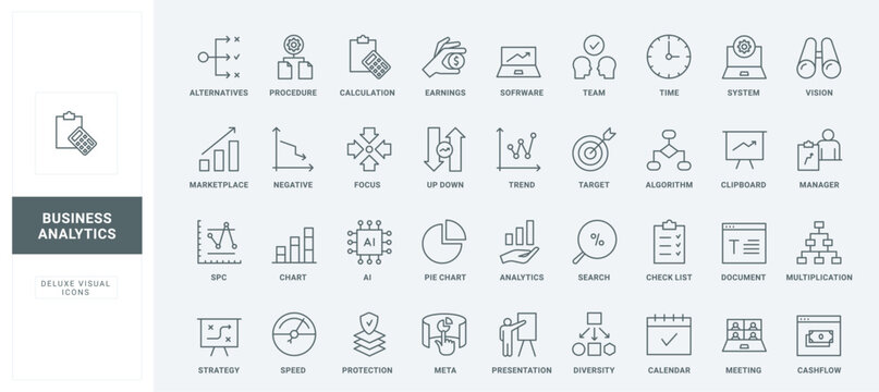 Research technology, management and data control of analyst, statistical model and strategy thin black and red outline symbols, vector illustration. Business data analysis and analytics line icons set