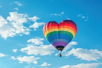 Obraz premium Colorful Hot Air Balloon Soaring High in a Clear Blue Sky for Adventurous Escape - Generative AI