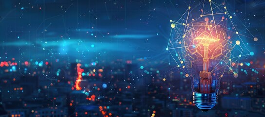 Futuristic Cityscape Illuminated by a Digital Network Light Bulb, Symbolizing Innovation, Generative AI