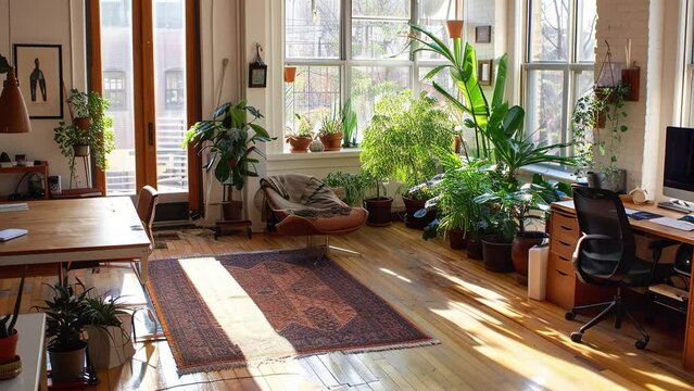 Plant lover's home decoration. Living room for house plant lovers. Environment Day. Abundant potted plants indoors. Plant and environmental lover. Sunlight shining into the room. Modern living room
