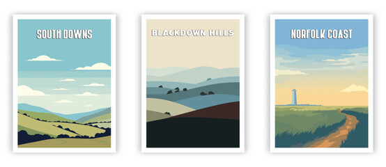 South Downs, Blackdown Hills, Norfolk Coast Illustration Art. Travel Poster Wall Art. Minimalist Vector art