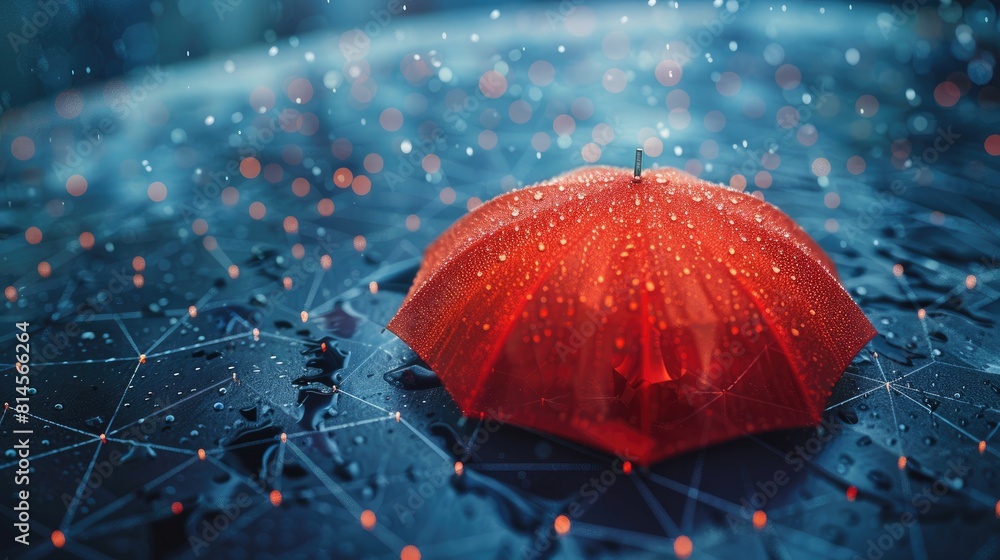 Poster a red umbrella is on a wet surface. the umbrella is open and the rain is falling on it. the image ha