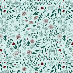 Wildflower seamless pattern with outline florals. Retro style print design collection with hand drawn flowers in pastel colors. Simple field floral patterns for wallpaper, packaging, fabric design