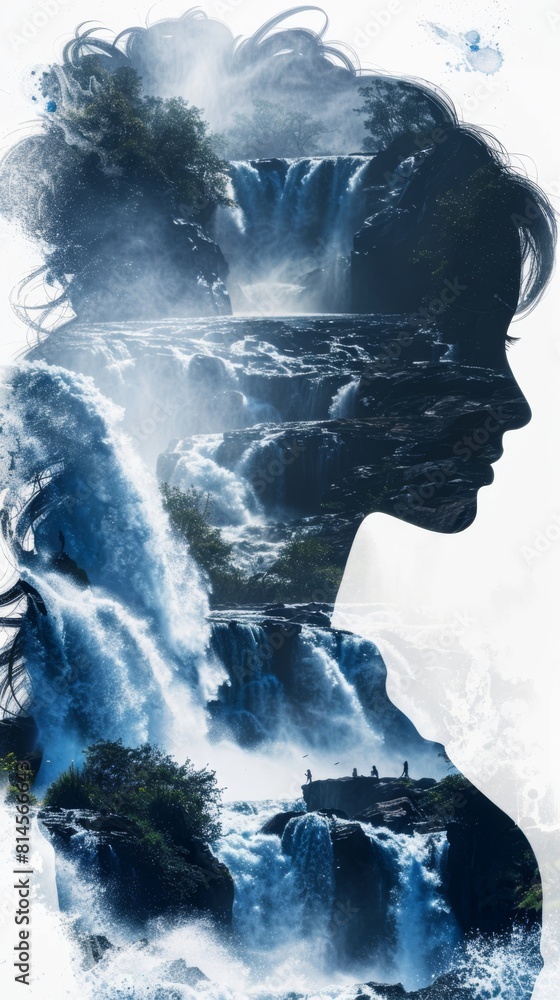 Poster The image shows a womans face set against a backdrop of a cascading waterfall. The womans features are in focus, while the waterfall provides a striking natural element to the scene.